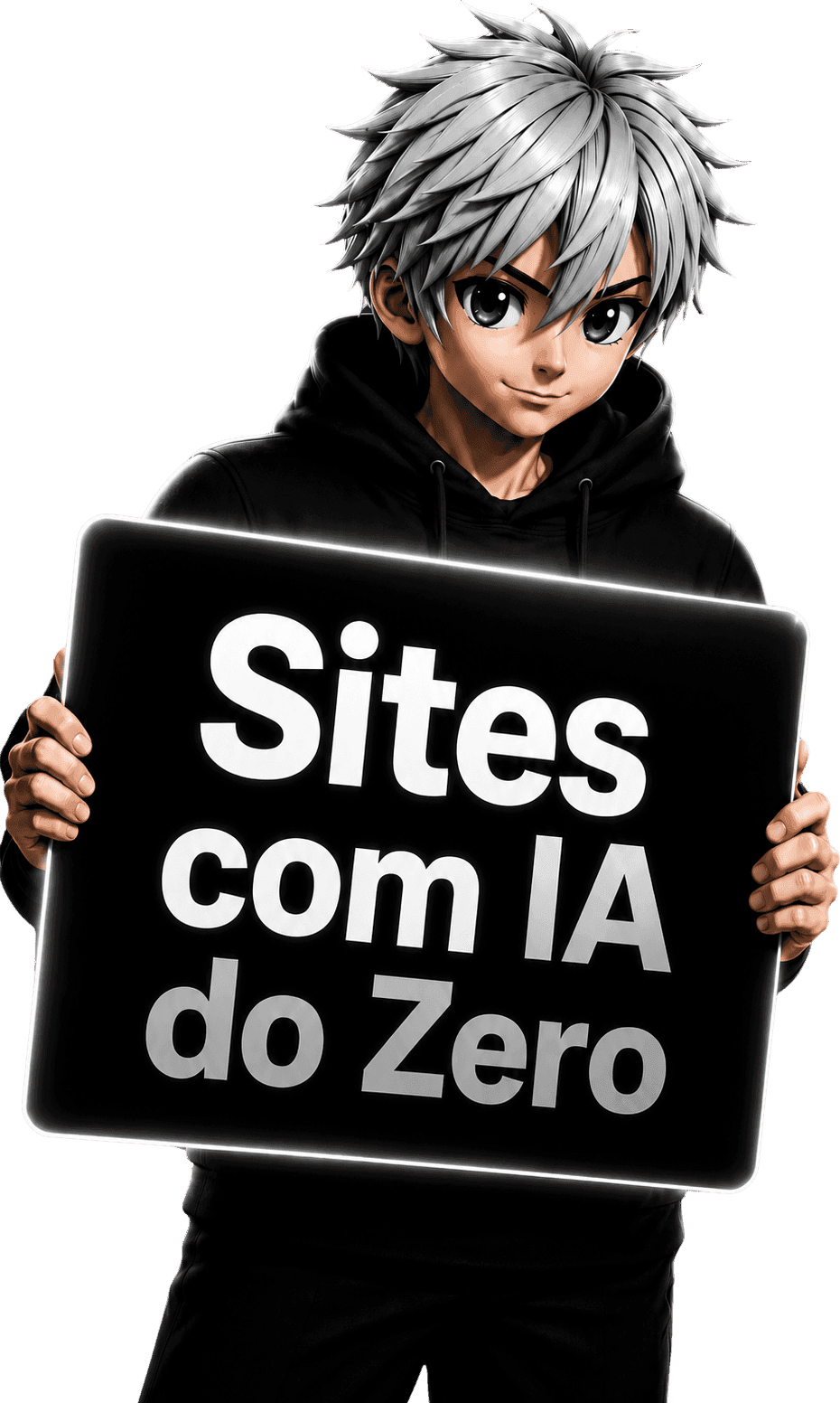 Personagem segurando uma placa escrita Sites com IA do Zero