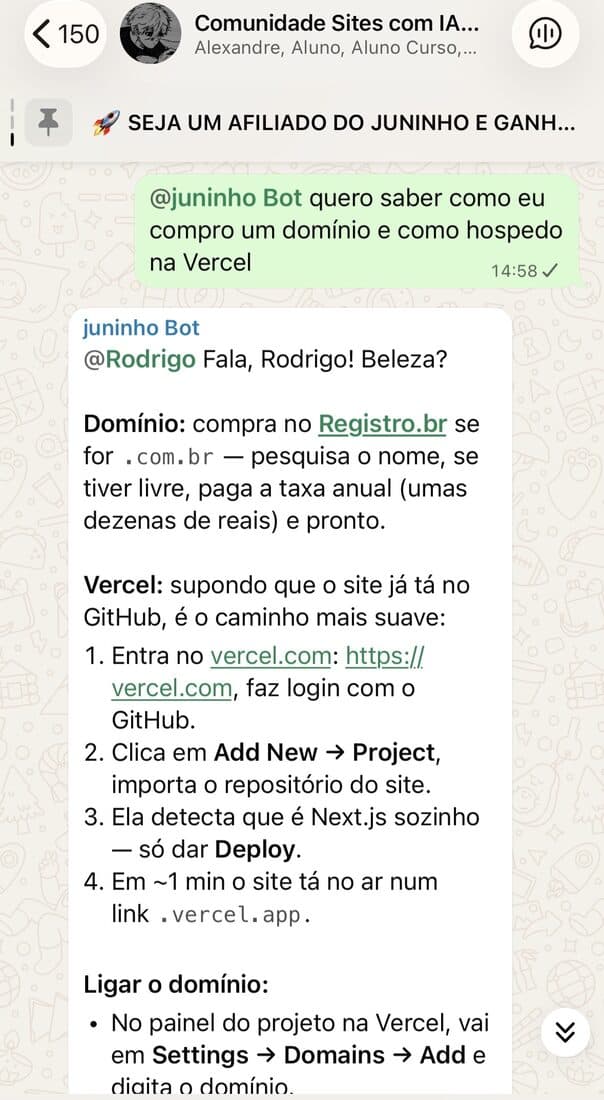 Print do Juninho Bot ensinando passo a passo como comprar domínio e hospedar o site na Vercel