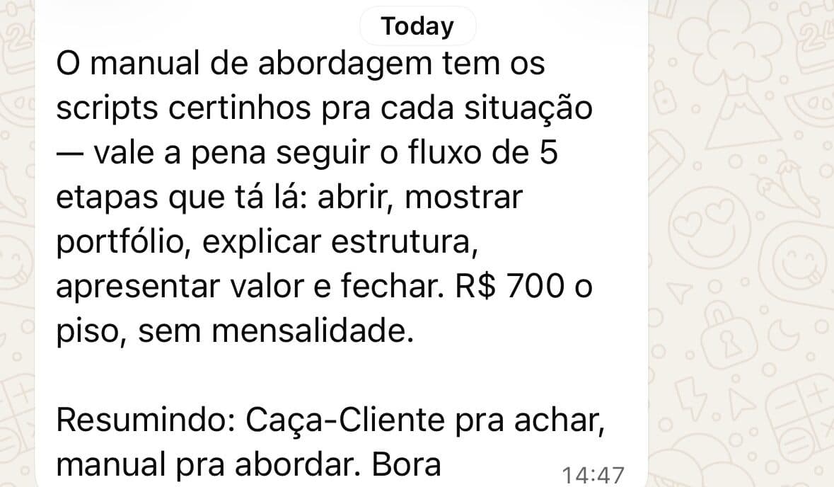 Print do Juninho Bot resumindo o manual de abordagem em cinco etapas, do portfólio ao fechamento