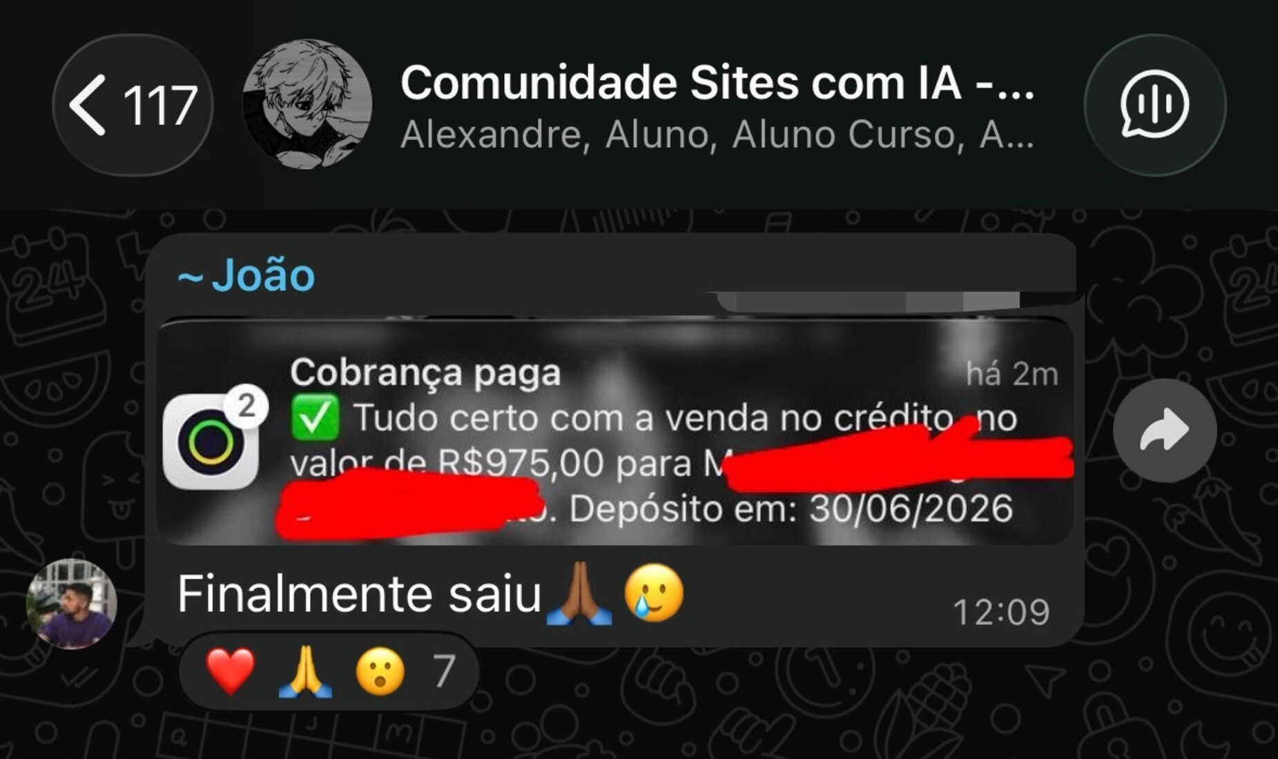 Print de prova social de aluno do curso