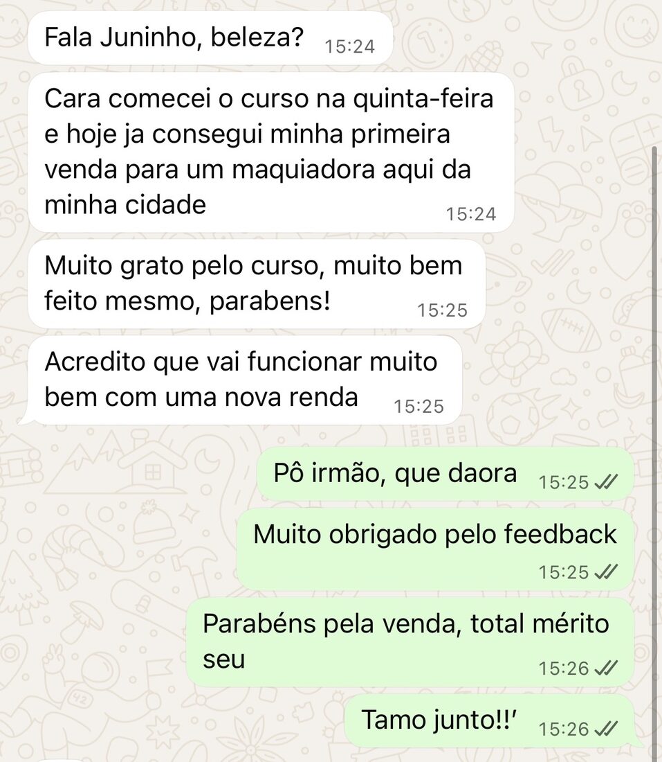 Print real enviado por aluno do curso mostrando venda fechada, site entregue ou conversa com cliente